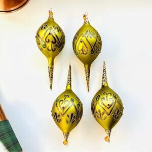 4 ANTHROPOLOGIE VINTAGE Green Lime Beaded Glass Gold Glitter Wrap Drop Ornament